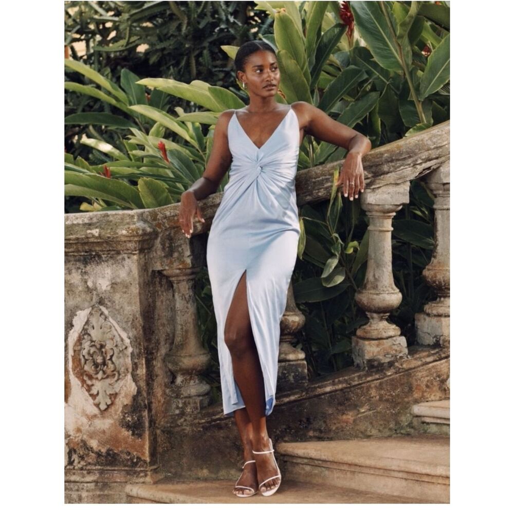 Abercrombie & Fitch Light Blue Satin Twist-Front Slit Maxi Dress - Picture 13 of 14